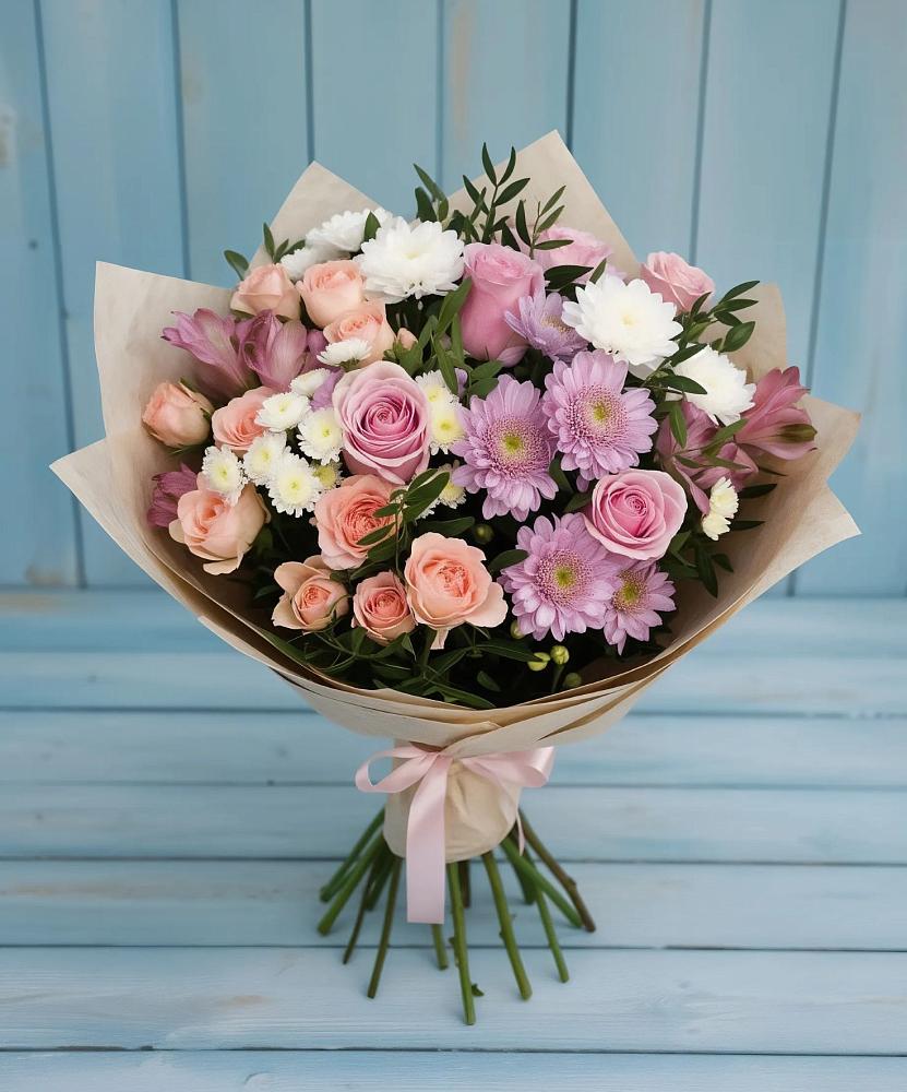 Букет цветов из: Хризантемы, Розы и Альстромерии в Курчанской