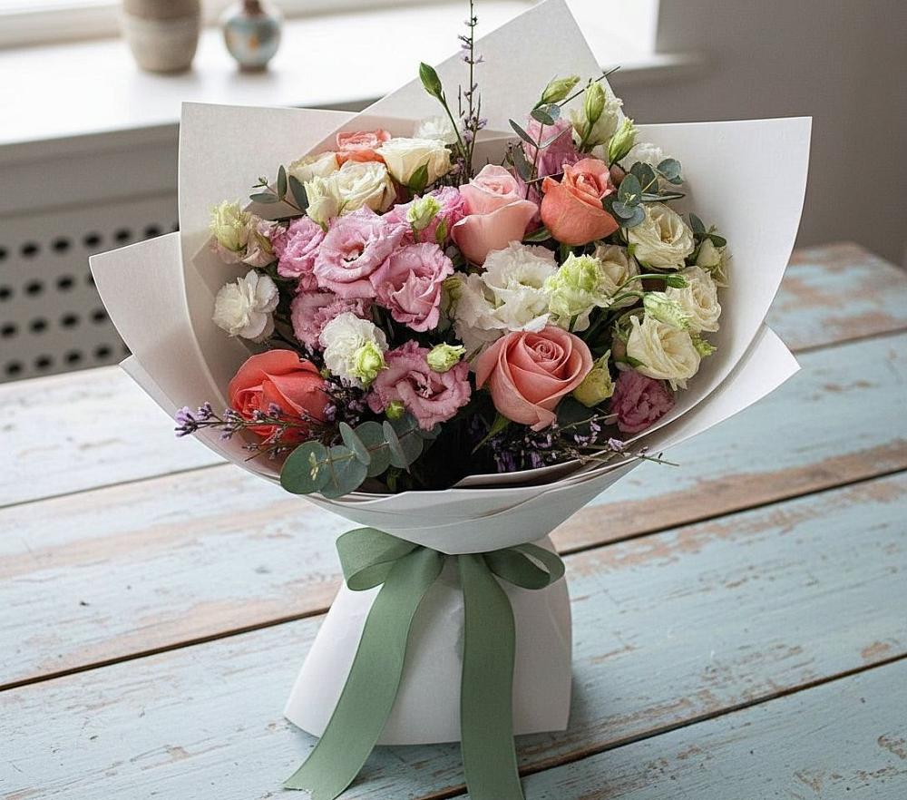 Букет цветов из: Розы, Лизиантусы и Гвоздики в Курчанской