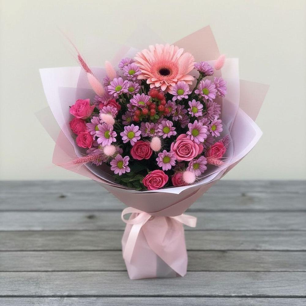 Букет цветов из: Розы, Герберы и Хризантемы в Курчанской