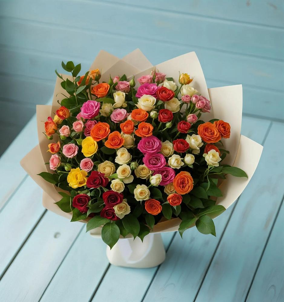 Букет Микс из разноцветных кустовых роз в Курчанской