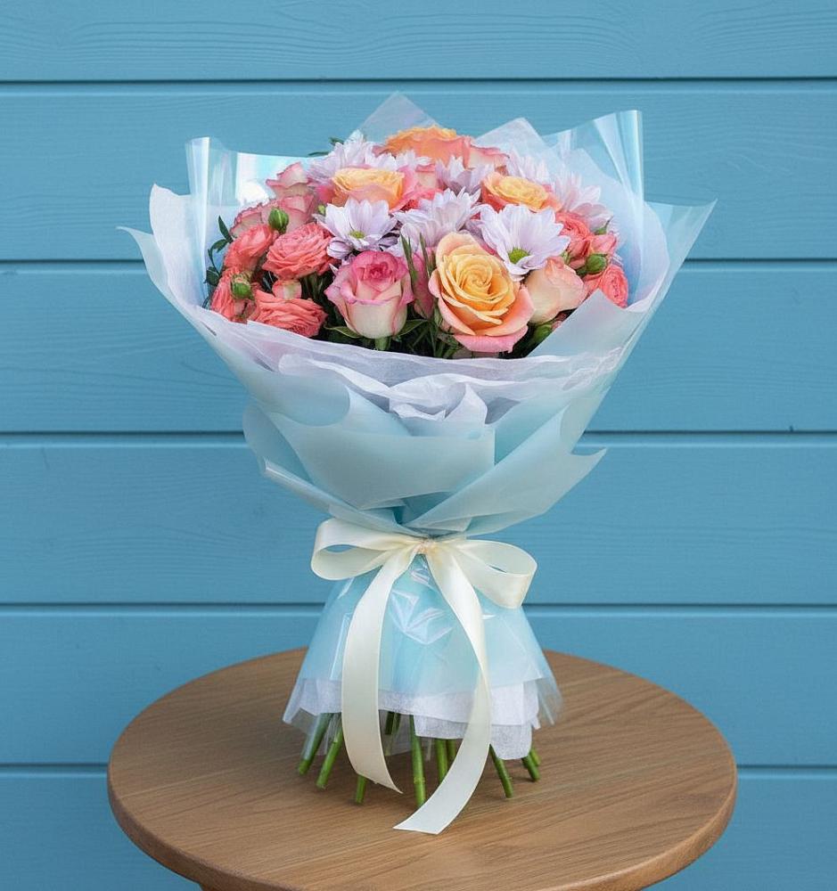 Букет цветов из: Хризантемы и Розы в Курчанской