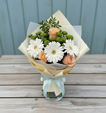 Букет цветов из:  Герберы, Розы и Хризантемы в Курчанской
